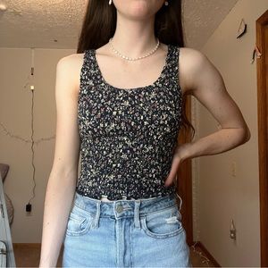 Hollister Navy Blue Ruched Floral Cropped Tank Top